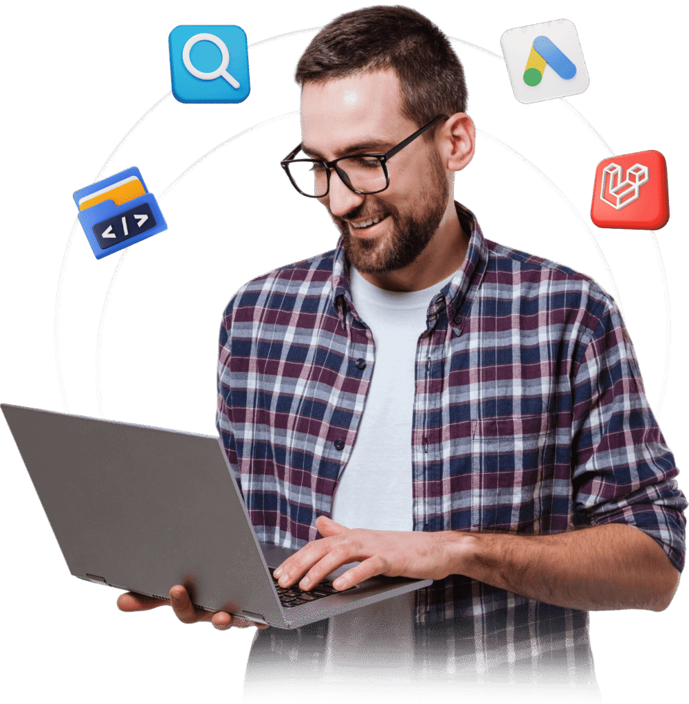s11miling bearded man eyeglases using laptop 1